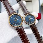 Replica Longines Blue Dial Two Tone Brown Leather Strap Couple Watch